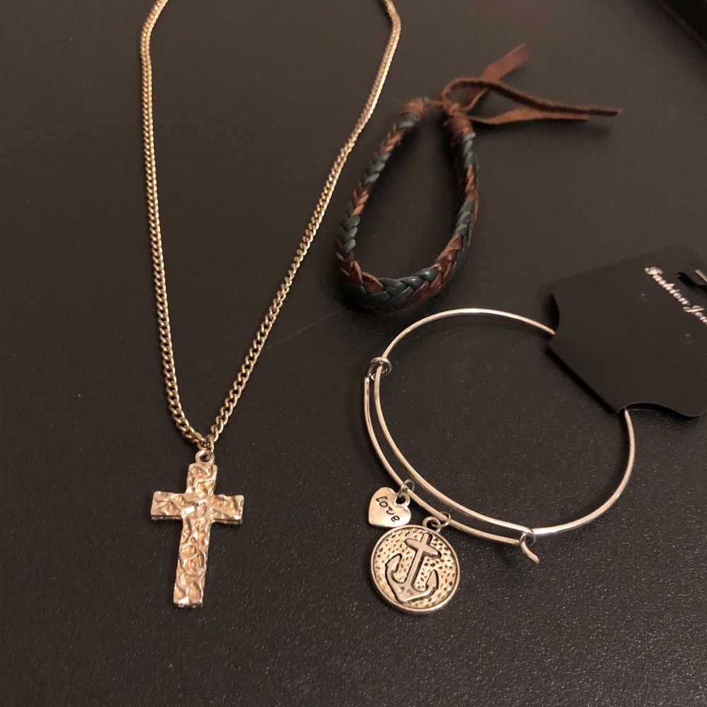 Silver Tone Cross Necklace, Charm Bangle Bracelet, and Braided Leather Bracelet